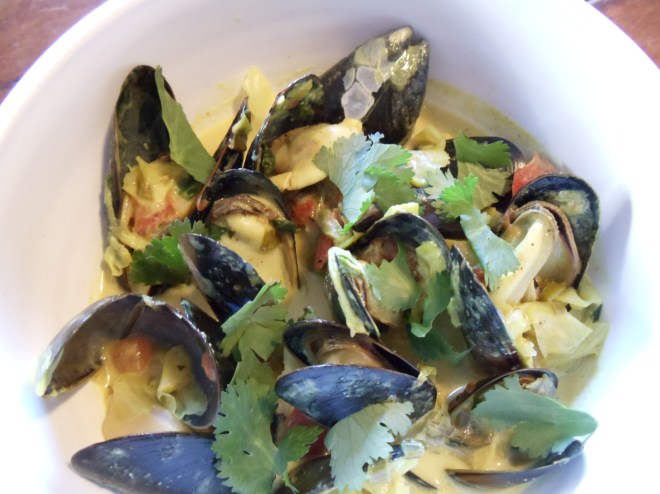 mussels with cabbage and cilantro