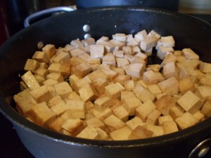 Brown the tofu well, then pull out of the pan before adding the vegetables.
